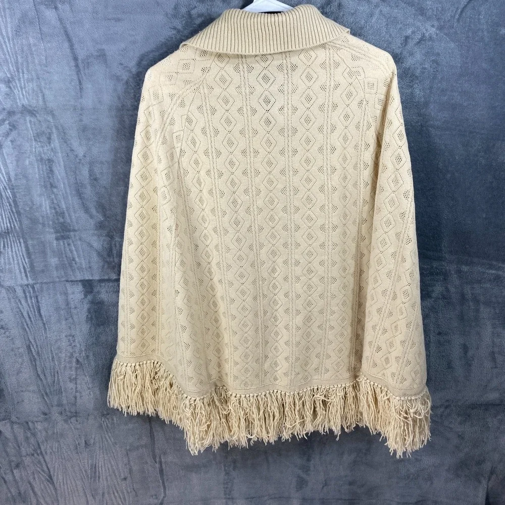 Vintage Womens Cardigan Cream Pointelle Knit Fringe Button Front Boho 70s Retro